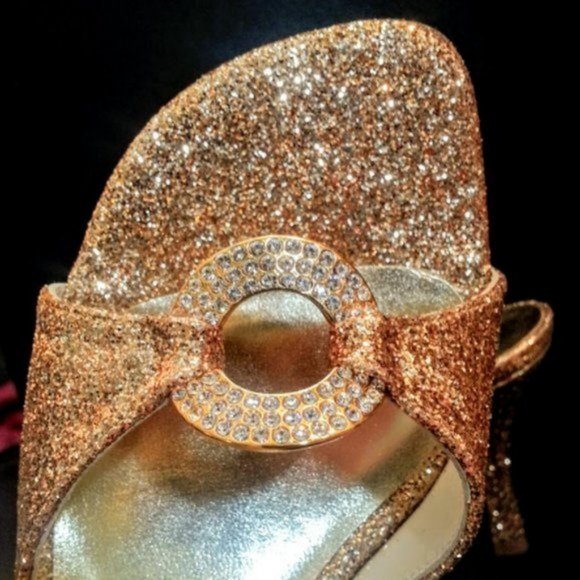 Stuart Weitzman x Swarovski rhinestone gold glitter 3.75" heel slide sandals sz7 - Picture 2 of 9